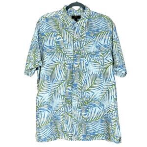 Club Room Men Shirt Sze XL Blue Green White Linen Palm Leaf Print Coastal Casual